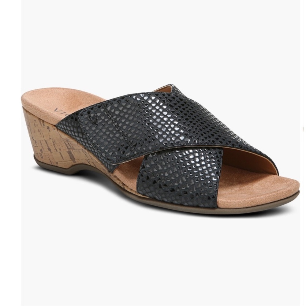 Vionic Black Textured Crossband Wedge Slide
